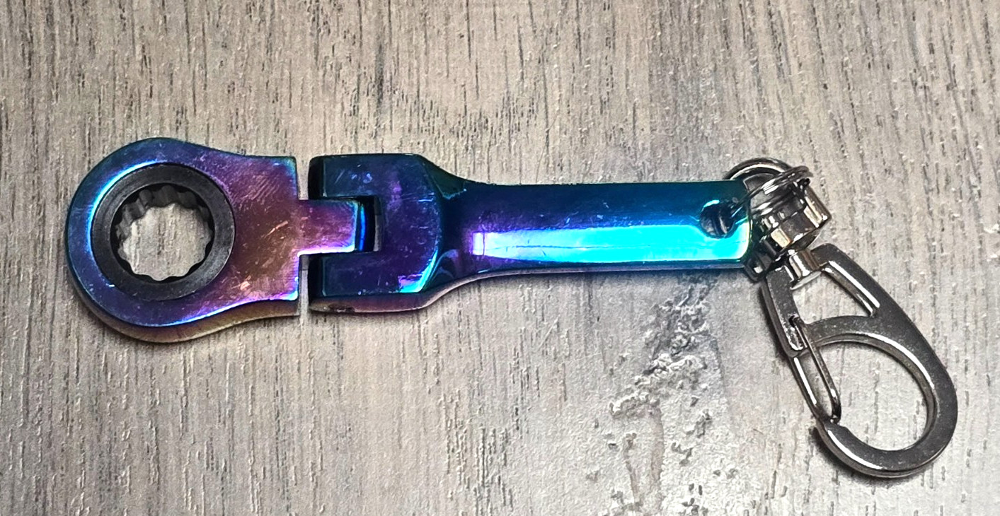 Nano Flex Head Stubby Real 10mm Ratcheting Wrench Keychain, Blue/ Multi-color