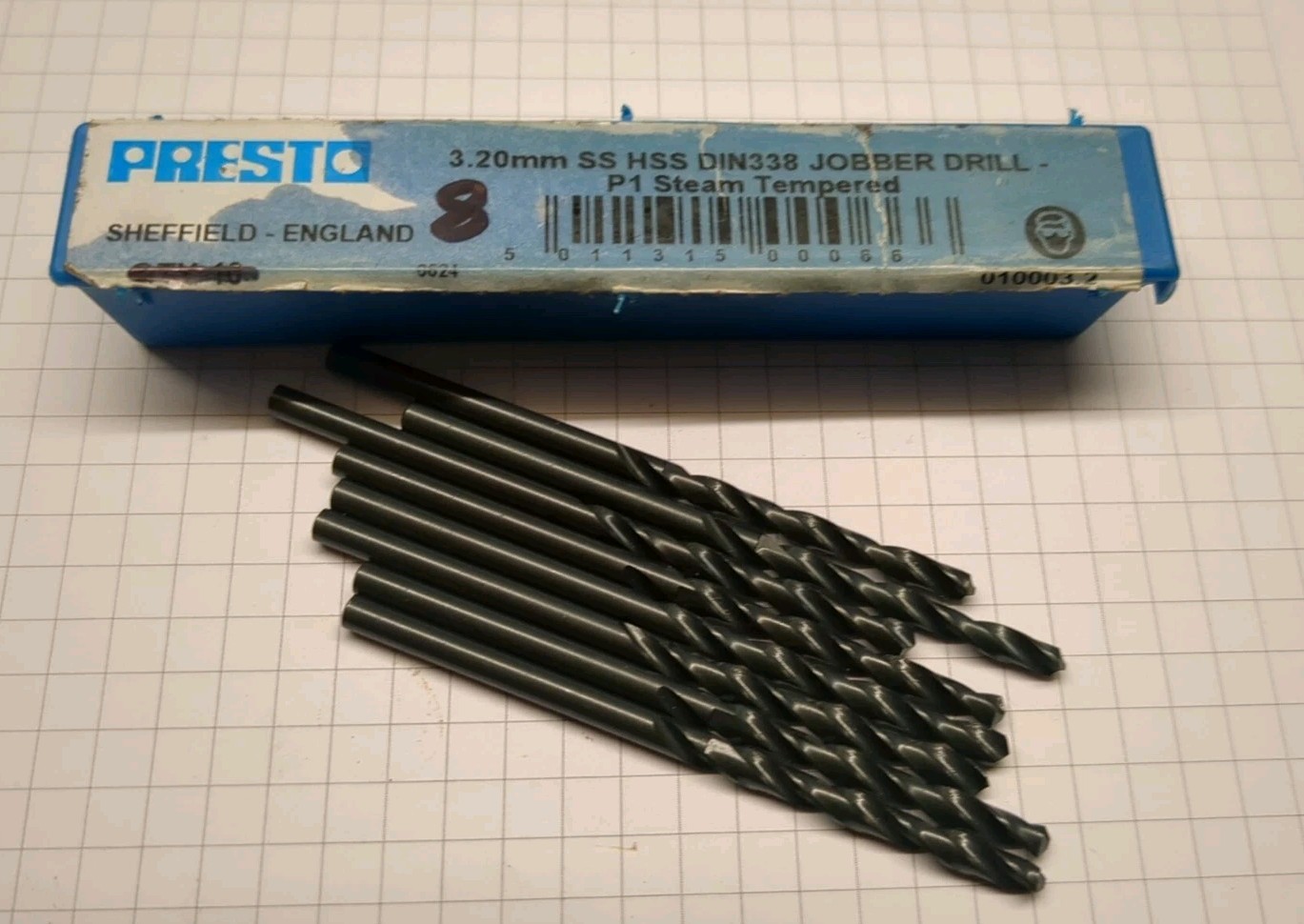 PRESTO 3.20mm drill bits pack of 8 jobber drills P1 HSS steam tempered
