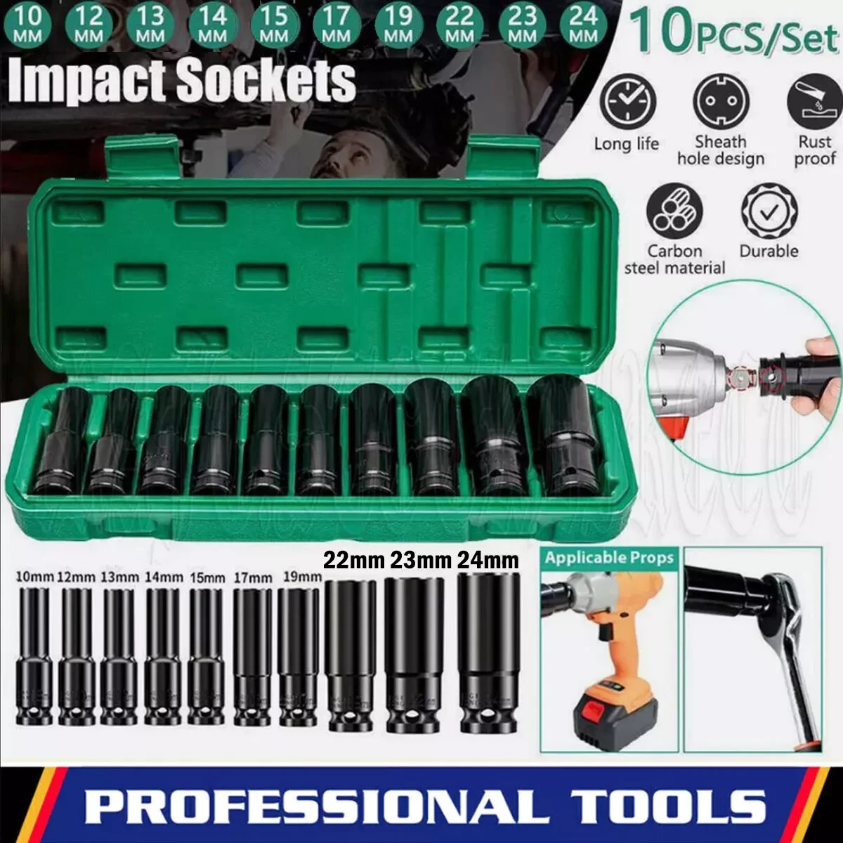 20PCS 1/2»Deep Impact Sockets Set Drive Metric 8mm-32mm Deep 6-Point Set w/case
