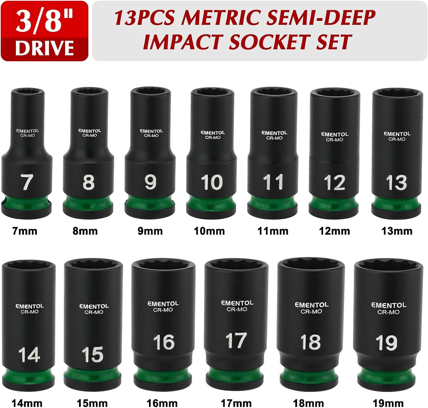 3/8″ Drive Impact Socket Set Semi-Deep Socket 13PCS Metric 7-19mm 12 Point CR-MO