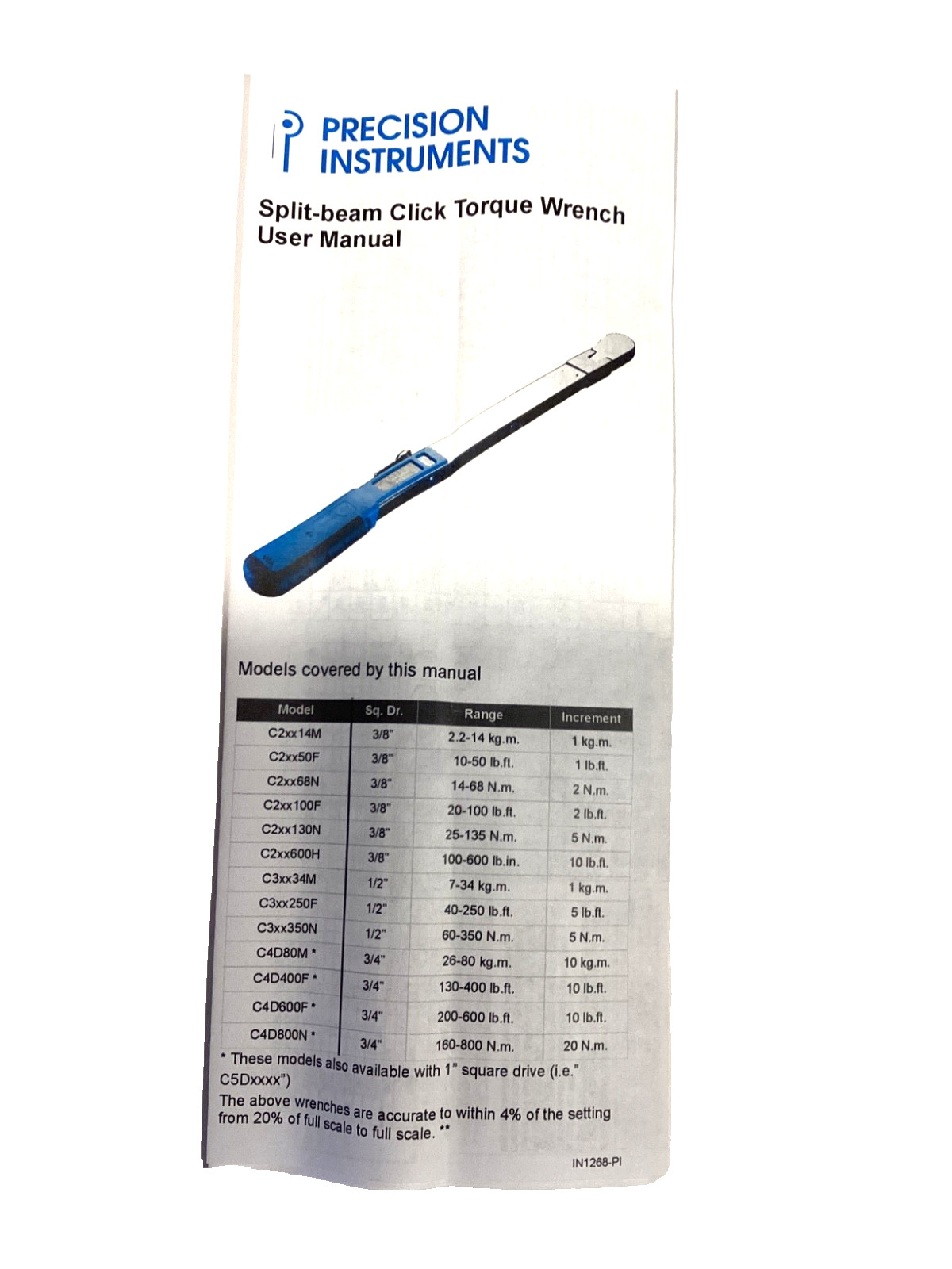 Precision Instruments USA 1/2″ Drive Torque Wrench With Snap Latch Case C3FR250F