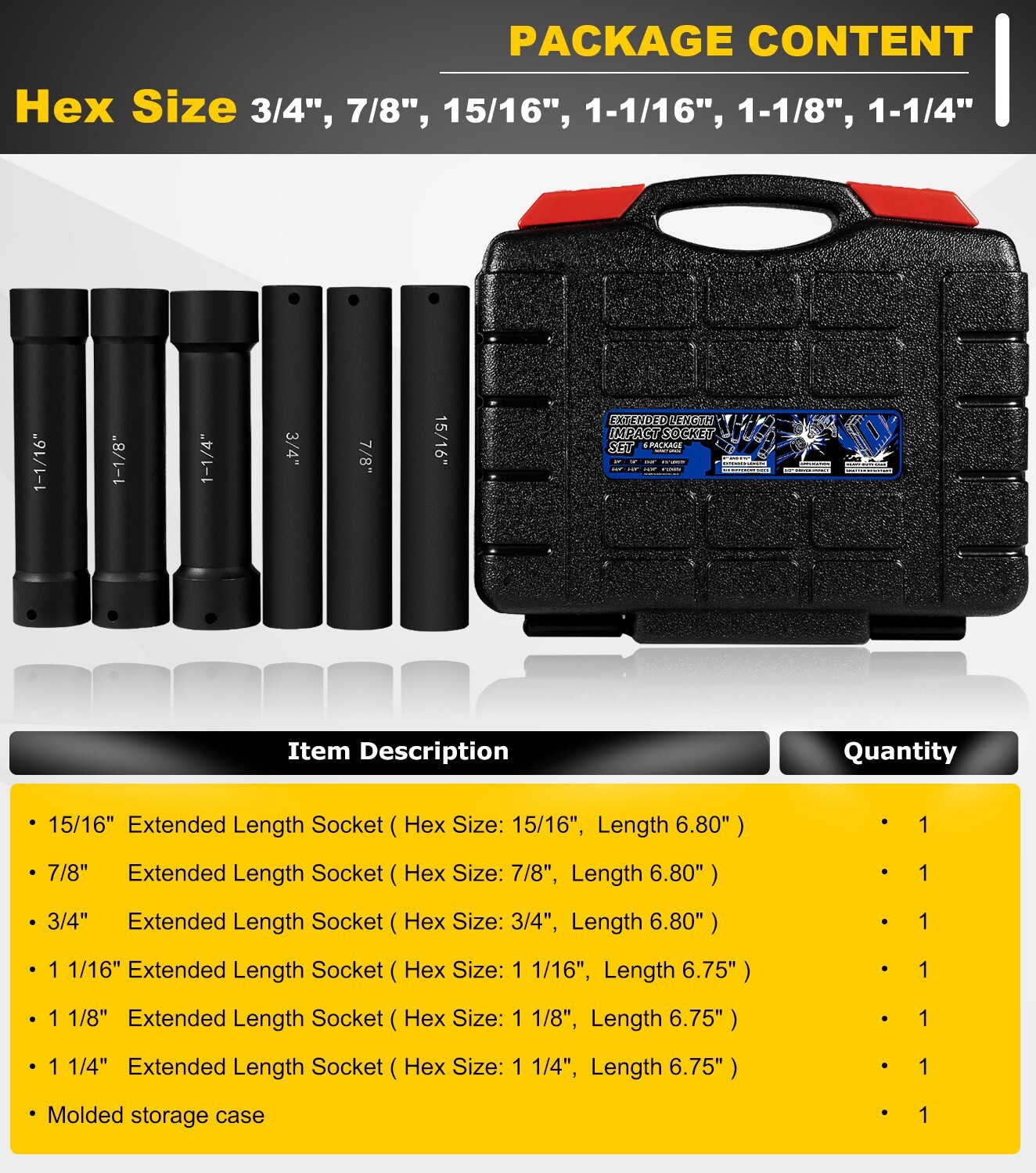 1/2 Inch Drive Heavy Duty Extended Length Extra-Deep Length Impact Socket , 6 PC