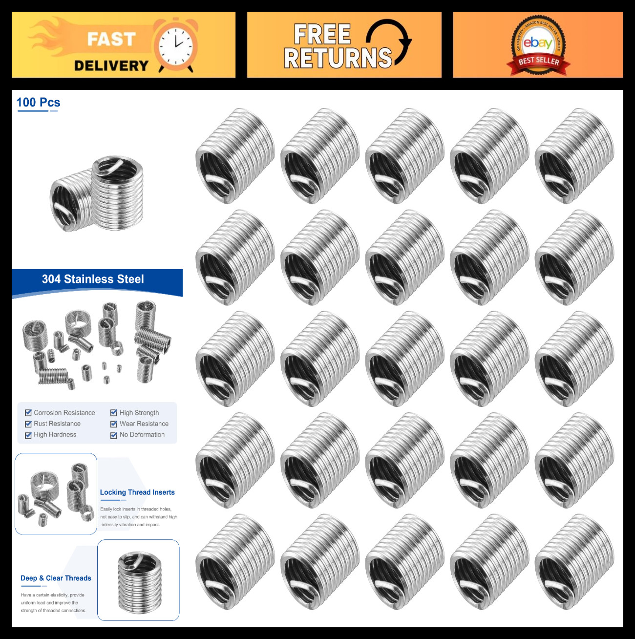 100pcs M8 x 1.25 Wire Thread Inserts 304 Stainless Steel Coiled Repair Kit