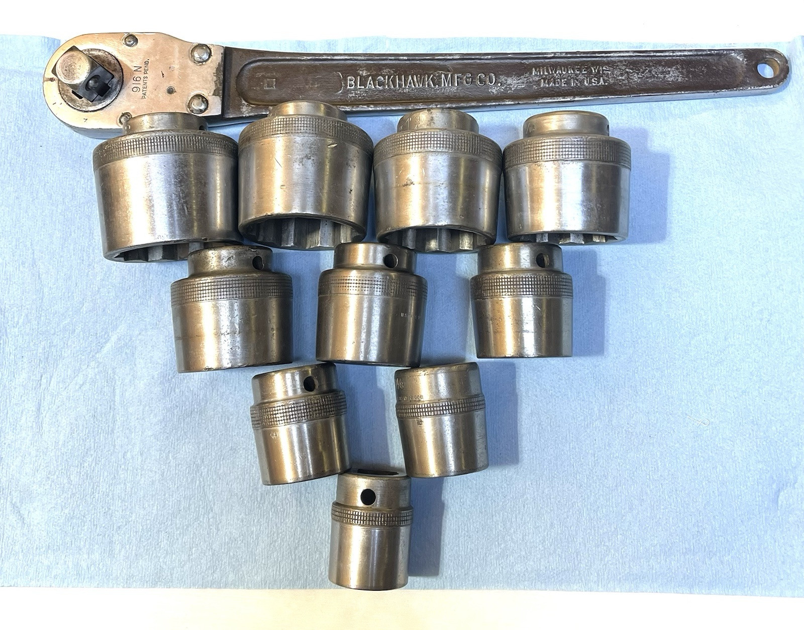 Vntg Blackhawk USA 3/4 Drive 12pc. Socket Set Push Through Ratchet and Extension