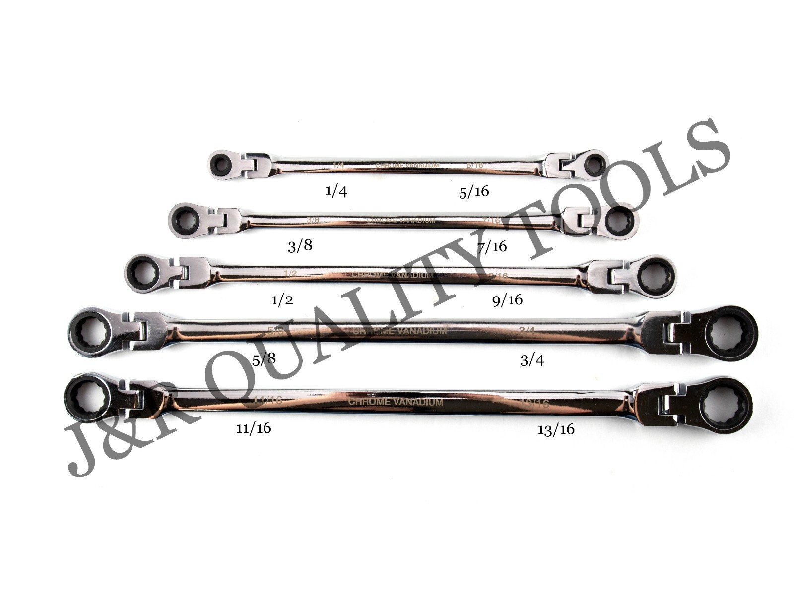 Double Box End Ratcheting Wrench Flex-Head Long 5 PC Set SAE 1/4″ – 13/16″