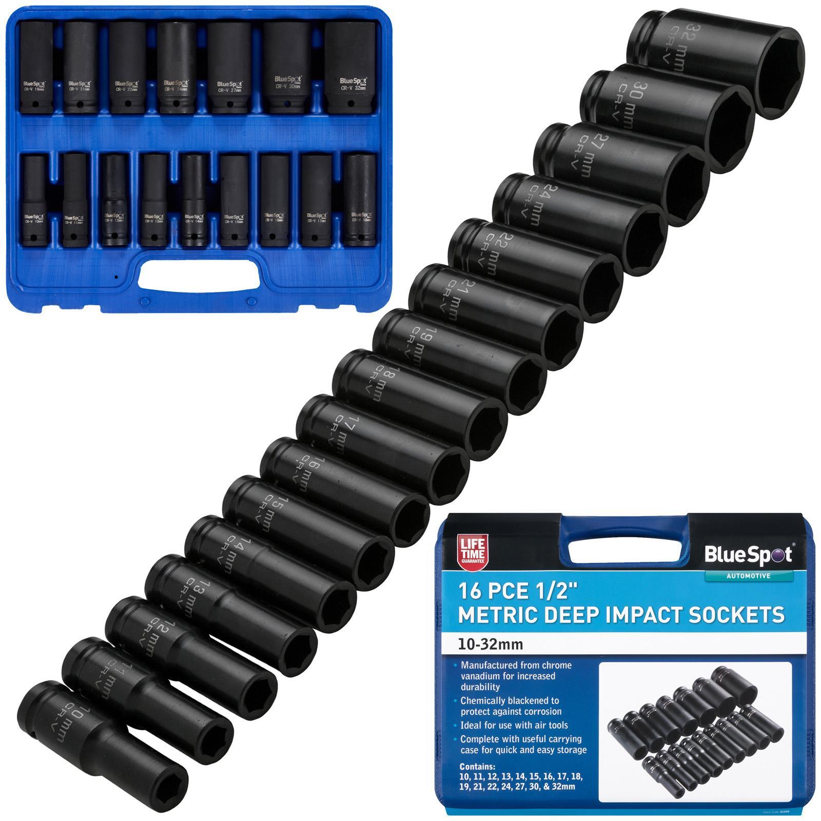 BlueSpot Deep Impact Socket Set 1/2″ Drive 16pc 10-32mm 6 Point Sockets in Case