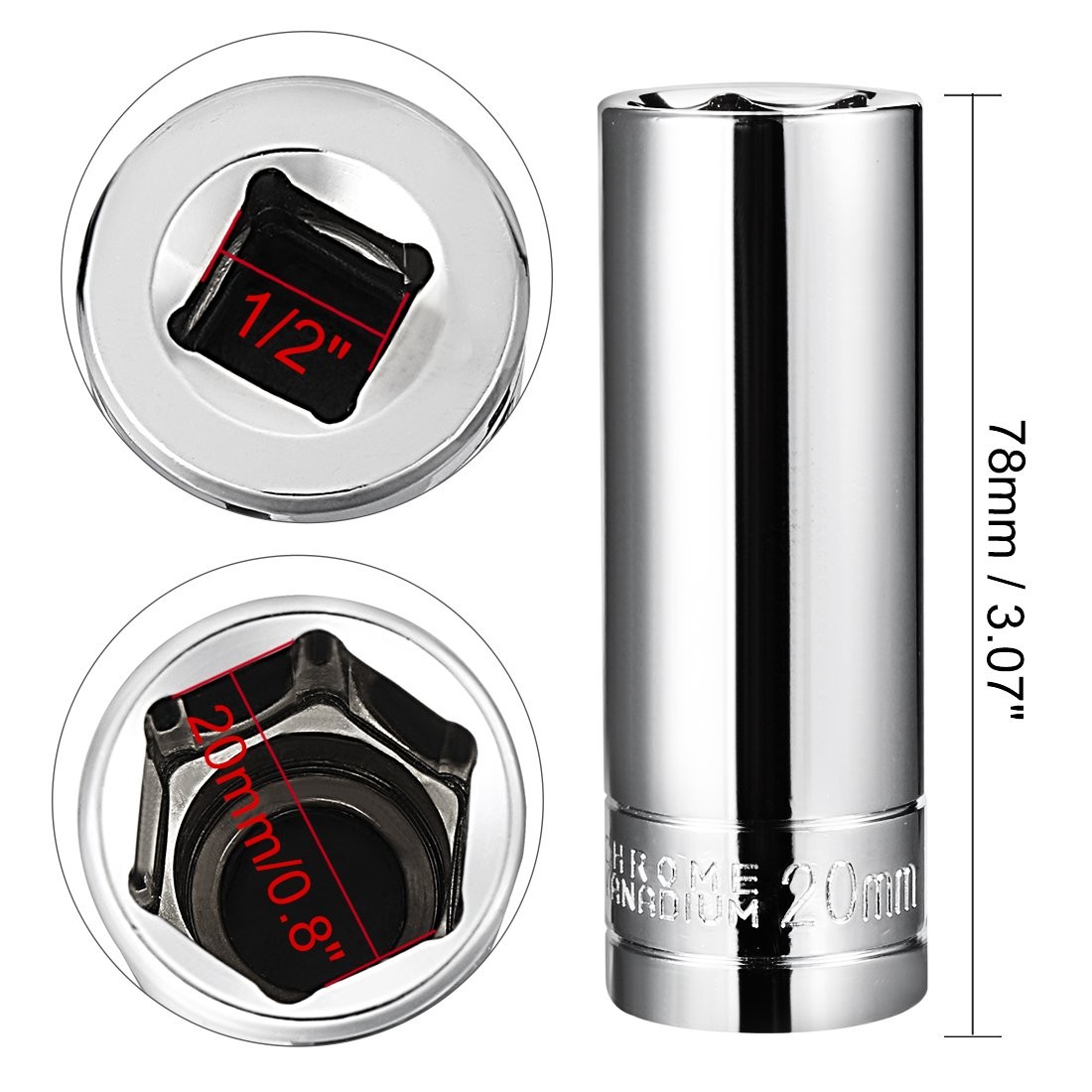 uxcell 1/2 Inch Drive 20mm 6-Point Deep Socket Metric Cr-V Polishing