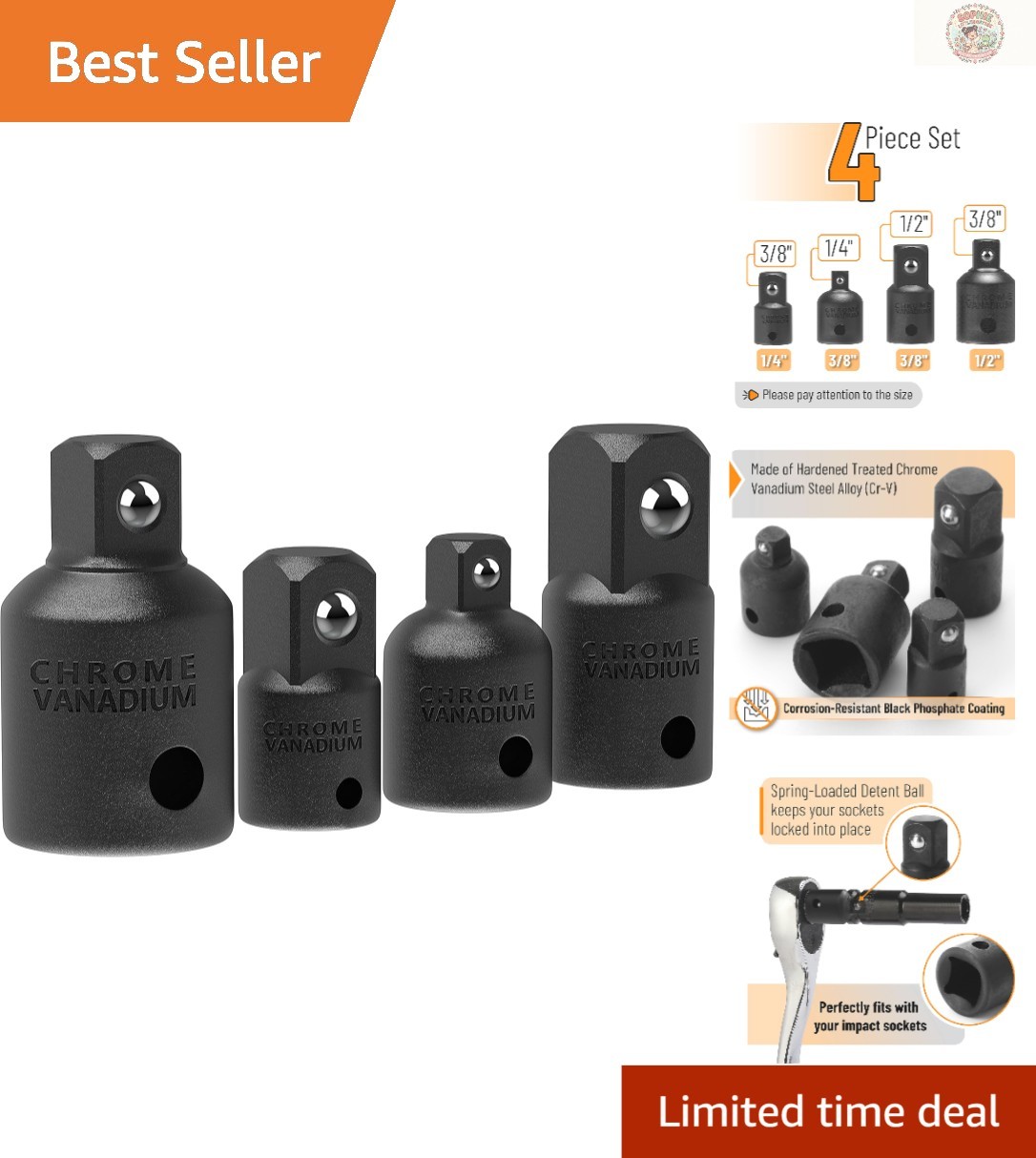 Bates 4-Piece Impact Socket Adapter Set – Chrome Vanadium Steel, Black Oxide