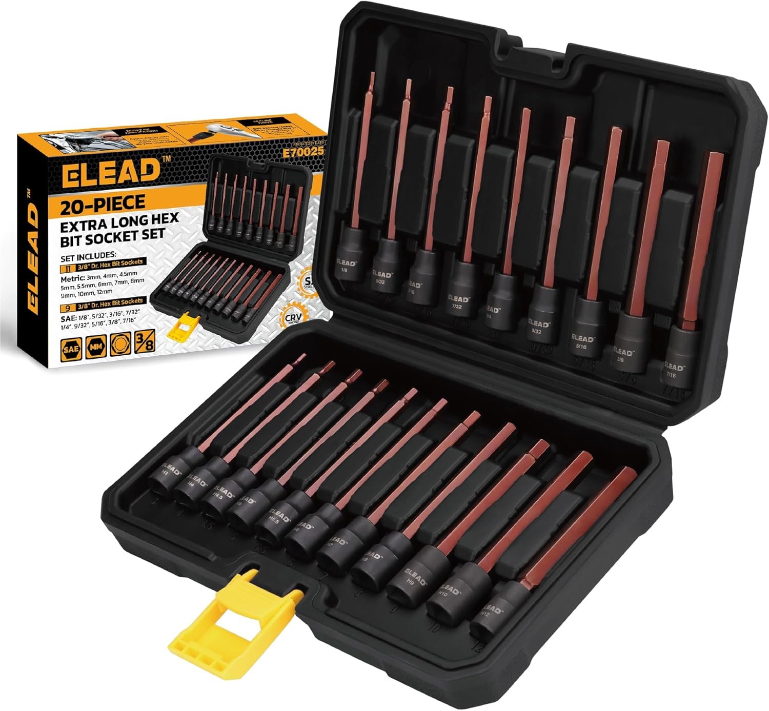 20-Piece 3/8 Inch Drive Extra-Long Allen Hex Bit Socket Set: S2 Steel, Standard