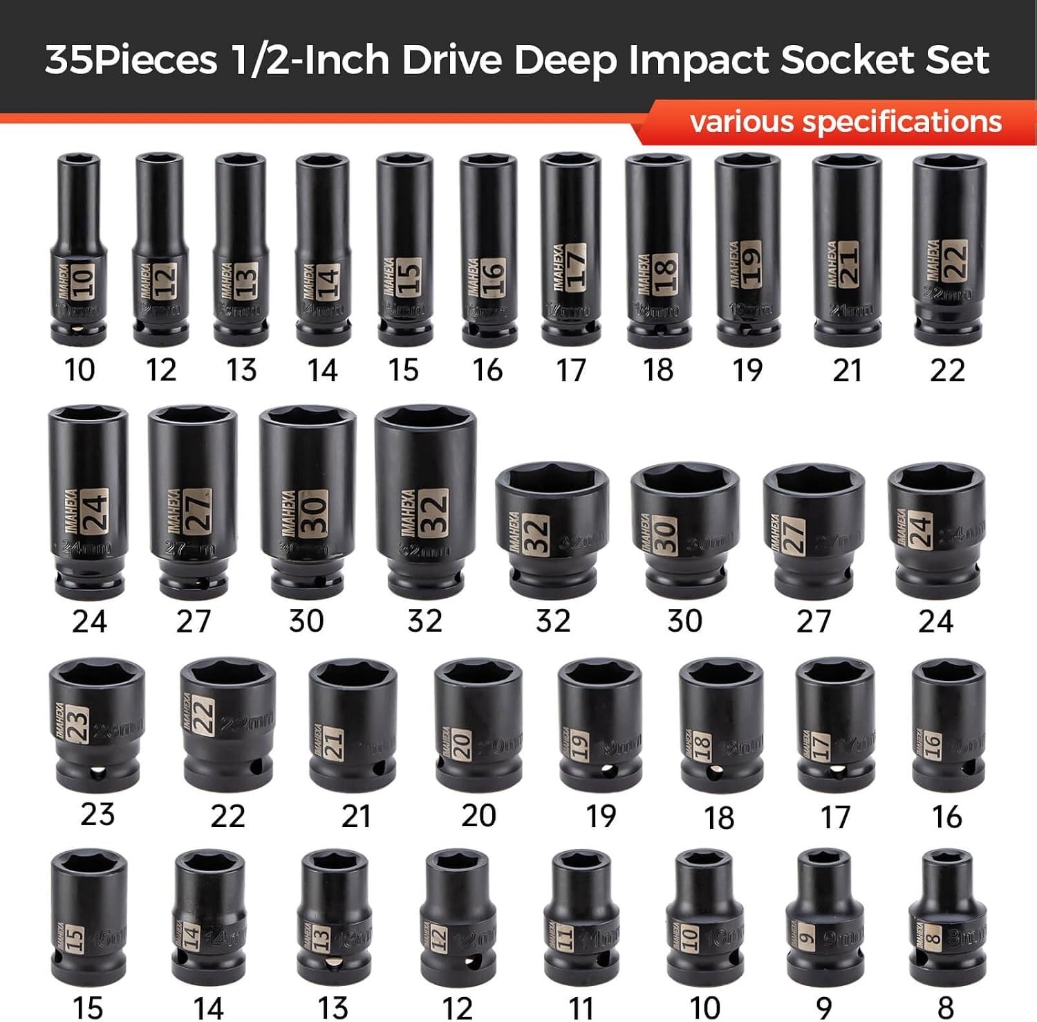 35 Pieces 1/2-Inch Drive Deep Impact Socket Set,Metric Sizes10 to 32mm,Deep C…