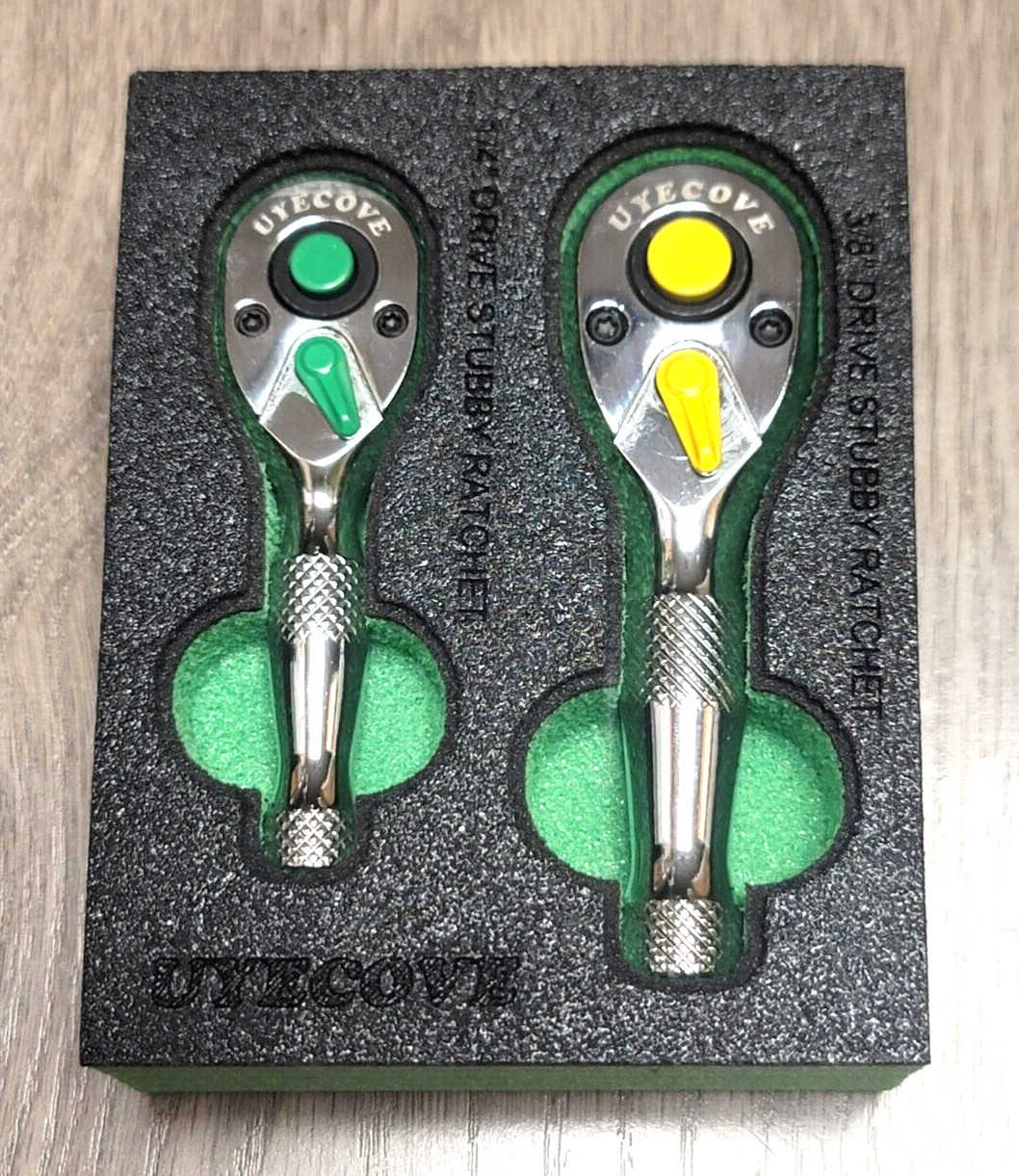 UYECOVE 2pc Color Coded Stubby Ratchet Set w/ Foam Tray 1/4 & 3/8dr