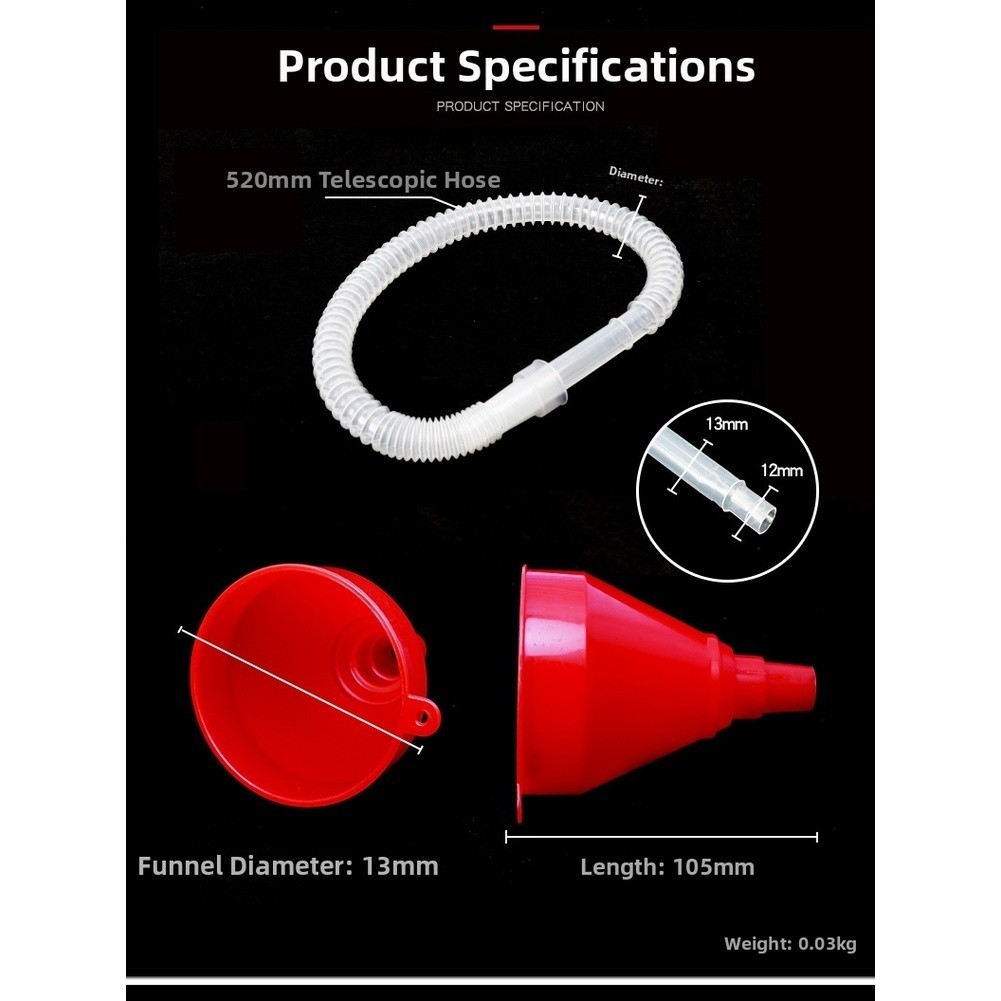 Extended Fuel Funnel with Flexible Hose for Vehicle Gas and Oil Refueling