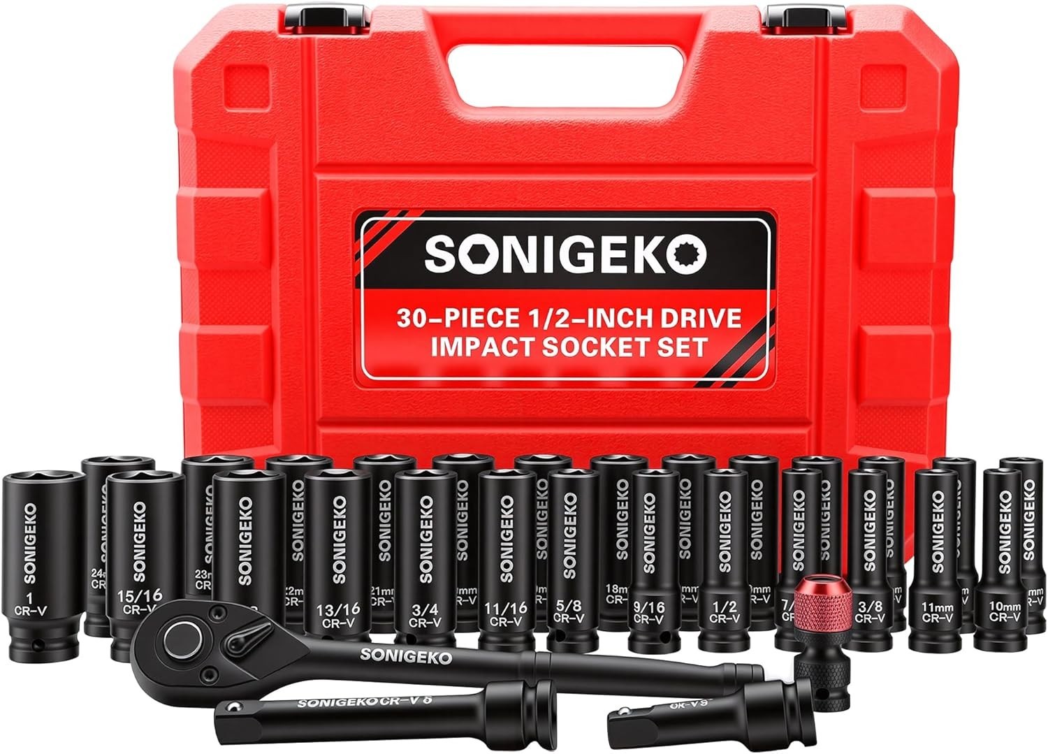 30Pc 1/2″ Drive Impact Socket Set Deep SAE Metric CR-V Extension Bar Ratchet Cas