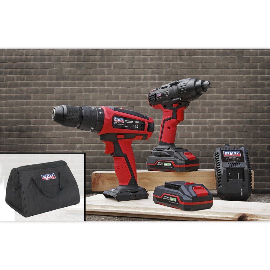 Sealey CP20VDDCOMBO 20V Cordless 13mm Hammer Drill 1/4 Drive Impact Driver