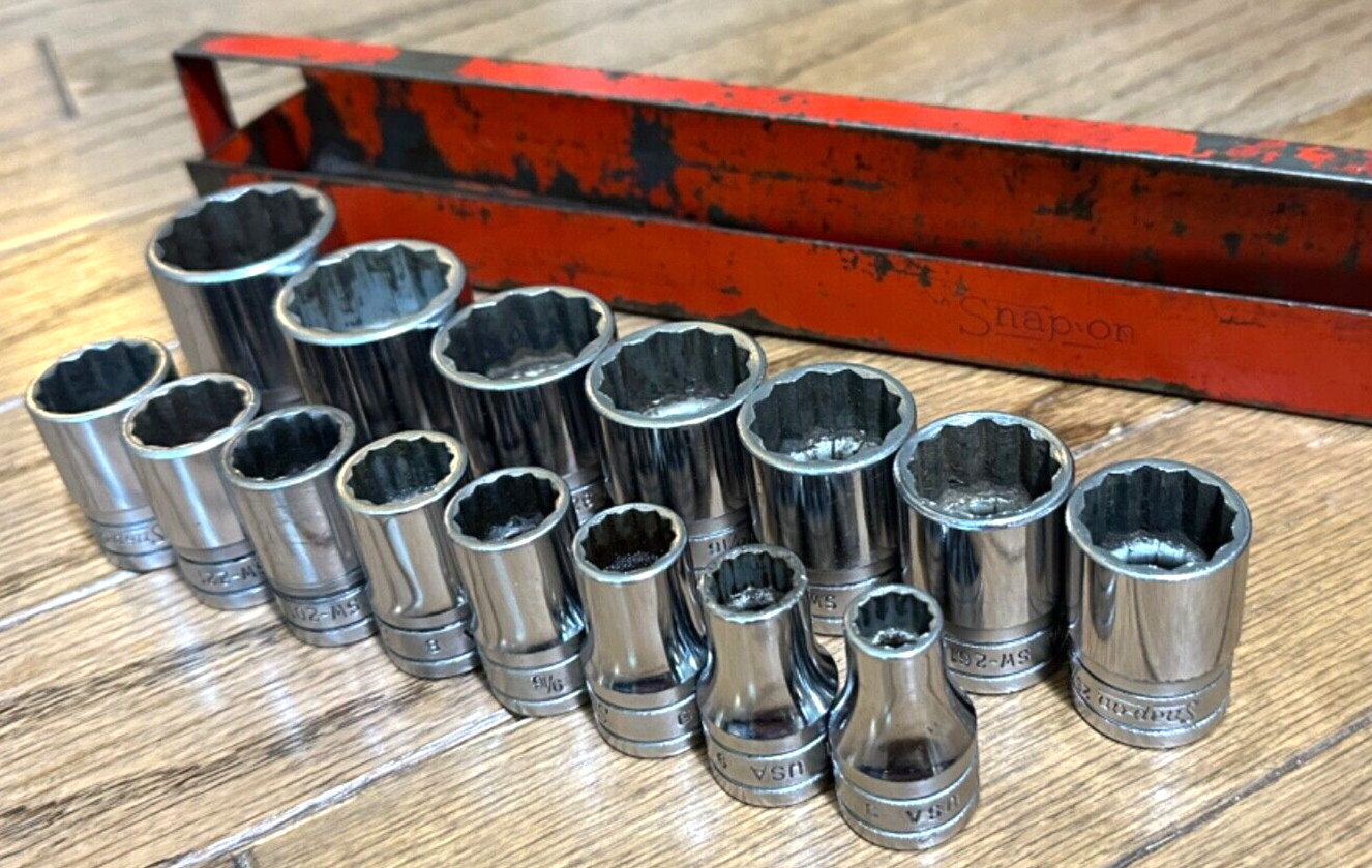 Snap On Tools USA 1/2″ Shallow SAE 3/8″- 1-1/8″ Socket Set Lot 12-PT Red Tray