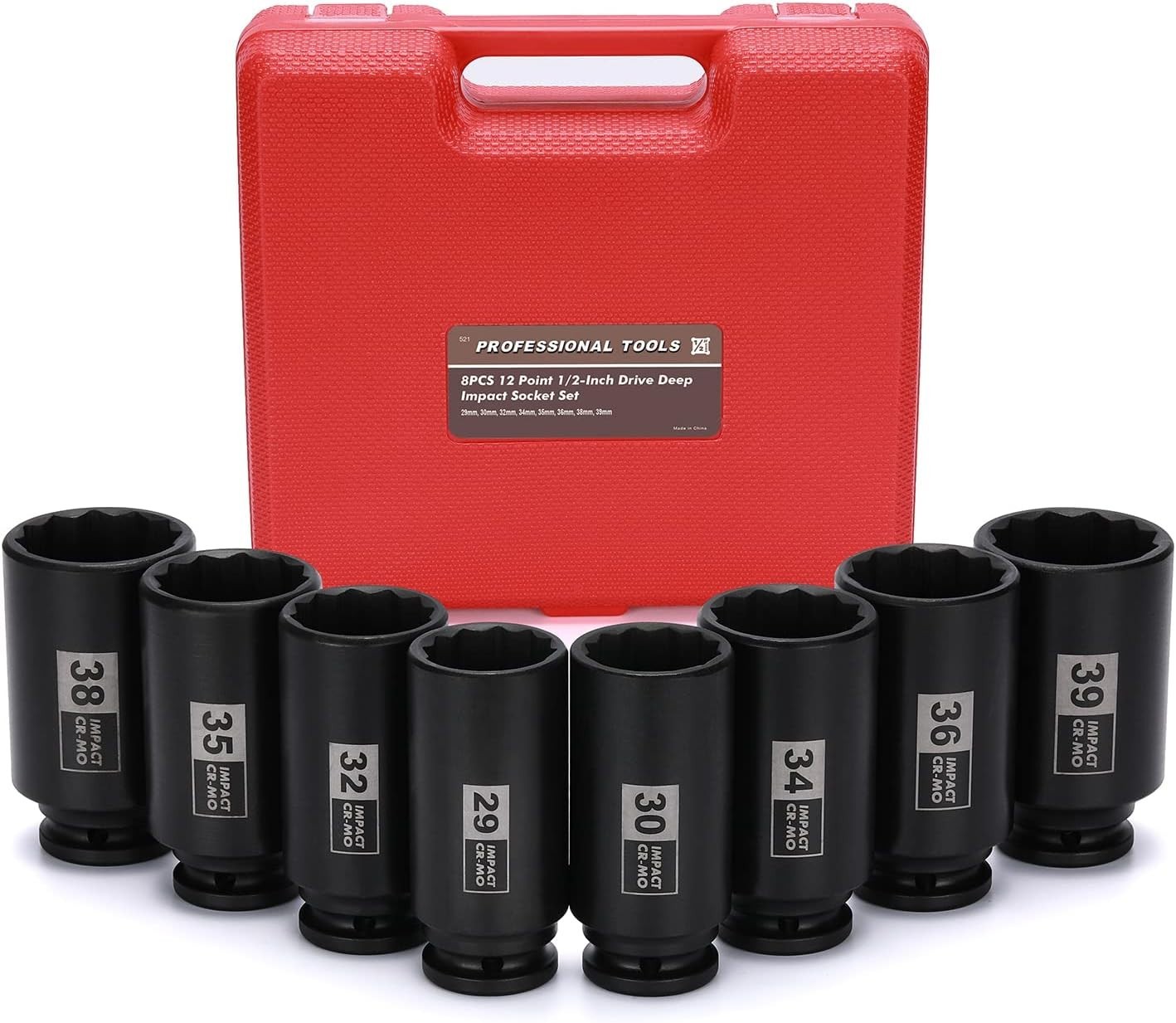 8pcs 1/2-inch Deep Spindle Axle Nut Impact Socket Set 29,30,32,34,35,36,38,39mm