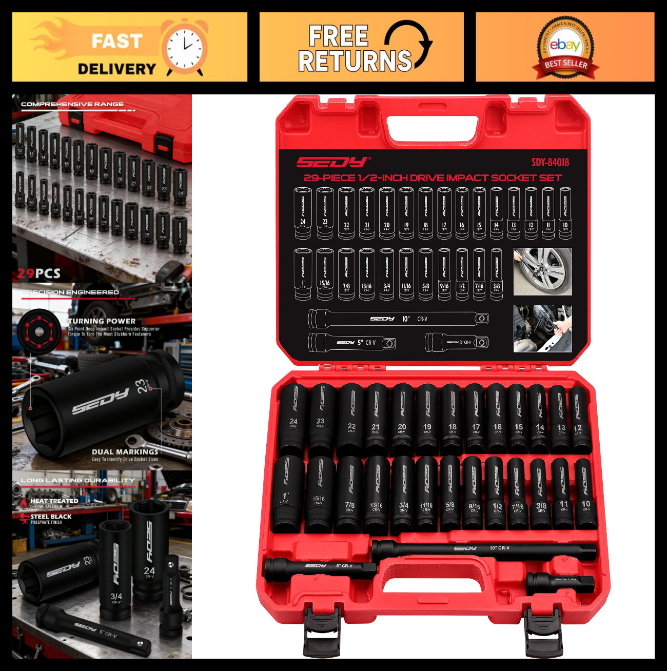 29-Piece Impact Socket Set 1/2″ Drive, SAE & Metric Deep Sockets, CR-V, Durable