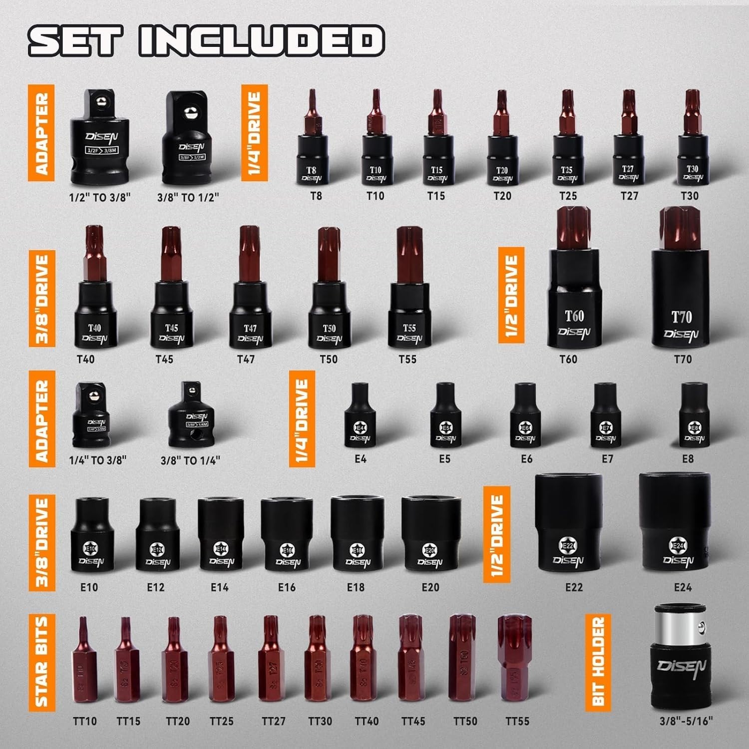 42-Piece Master Torx Bit Socket Set, CR-V & S2 Steel, T8-T70, E4-E24, Impact Ada