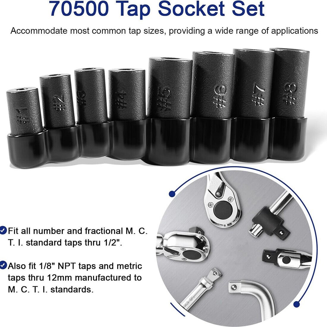 70500 Tap Socket Set w/ 1/4″ & 3/8″ Drive for 1/2″ & 1/8″ NPT Taps & Metric Taps