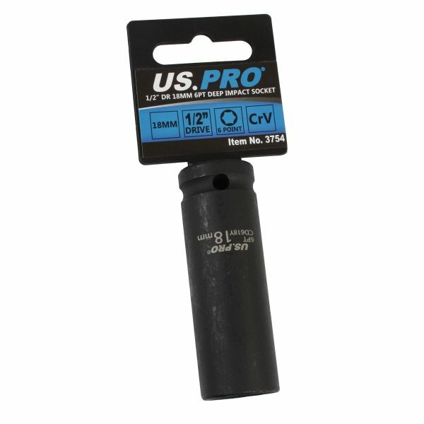 US PRO 1/2″ Drive 18mm Deep Impact Socket 6PT 78mm CR-V Black Phosphate Finish