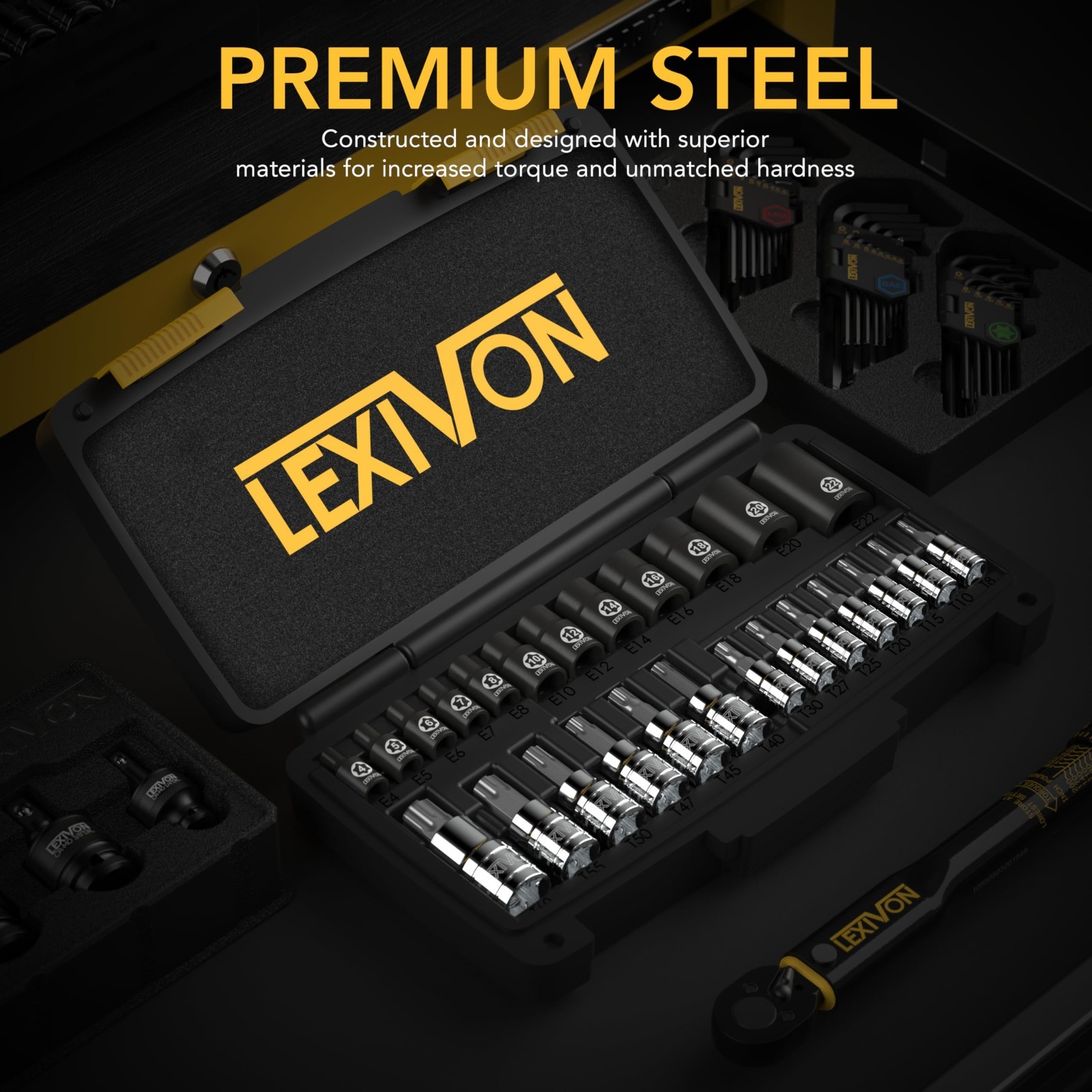 25-Piece Master Torx Bit & Socket Set, S2 Alloy & Cr-V Steel, T8-T60 E4-E22, Hea