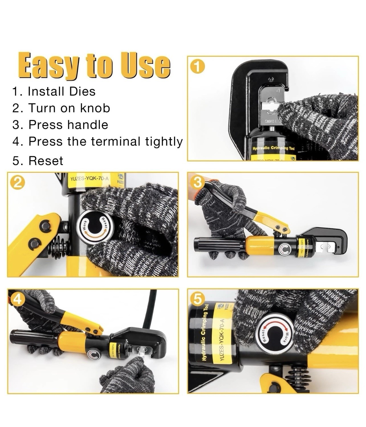 YUZES Hydraulic Crimping Tool 10 Tons, 12 AWG to 2/0 Battery Cable Yellow