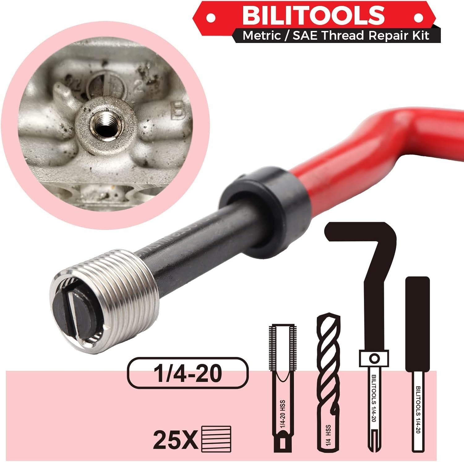 Thread Repair Kit 1/4-20 Inch SAE HSS Drill Helicoil for Damaged Threads
