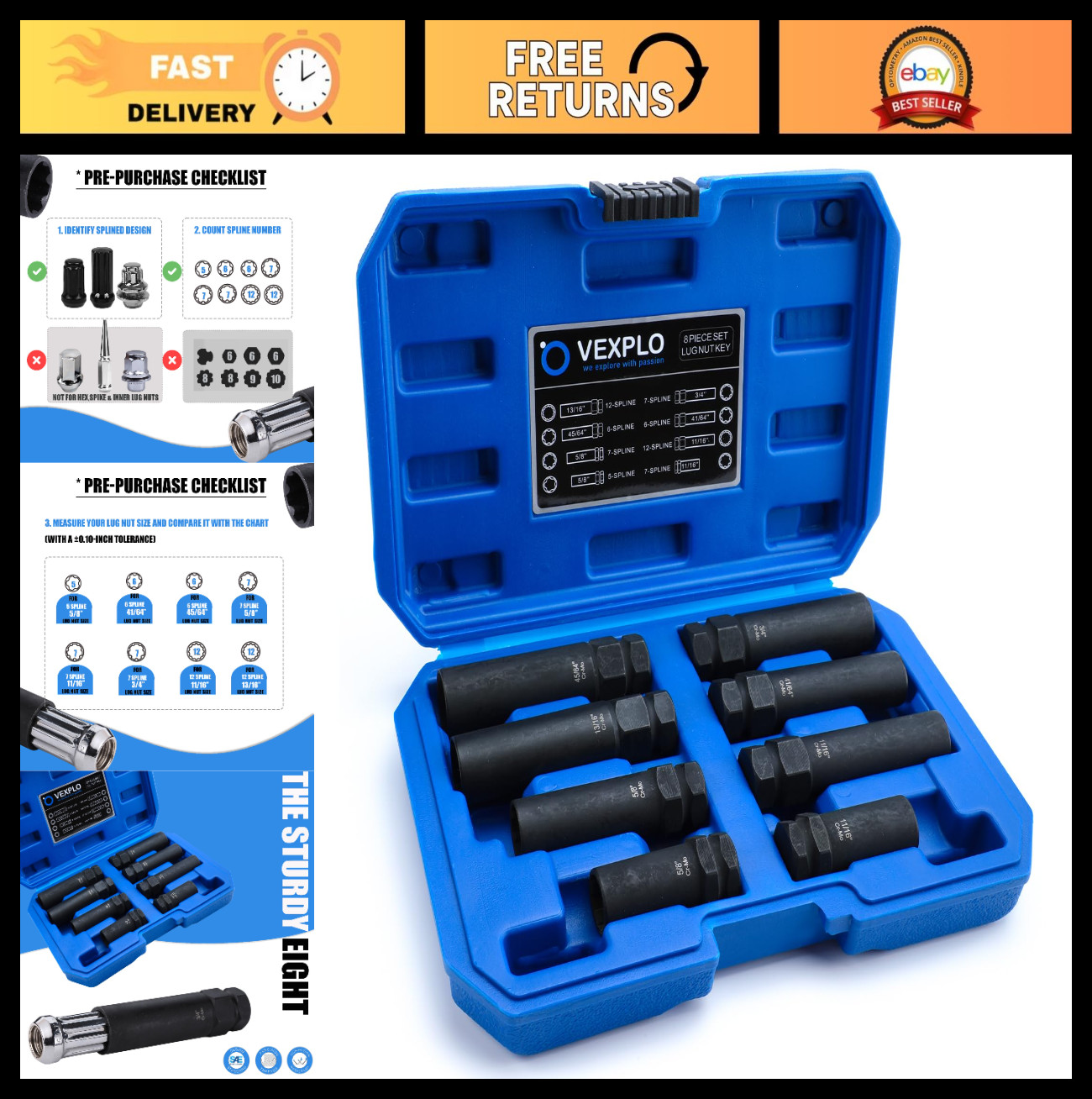 8-Piece Spline Lug Nut Socket Set | SAE & Metric Locking Key for Easy Removal, D