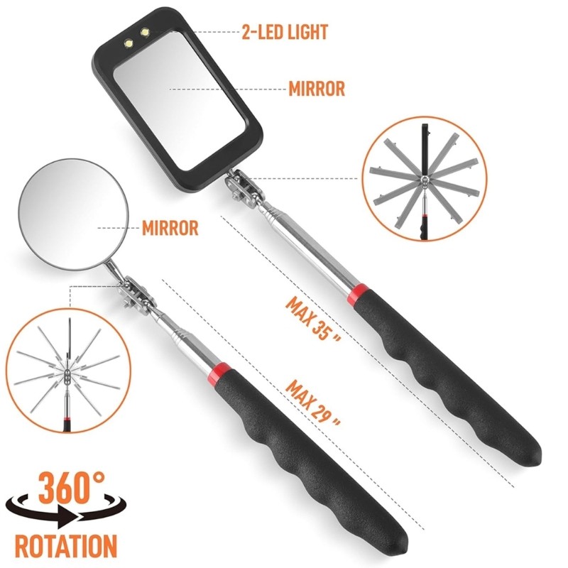 5Pcs Car Inspection Mirror Set With Telescopic Handle And LED Light Design