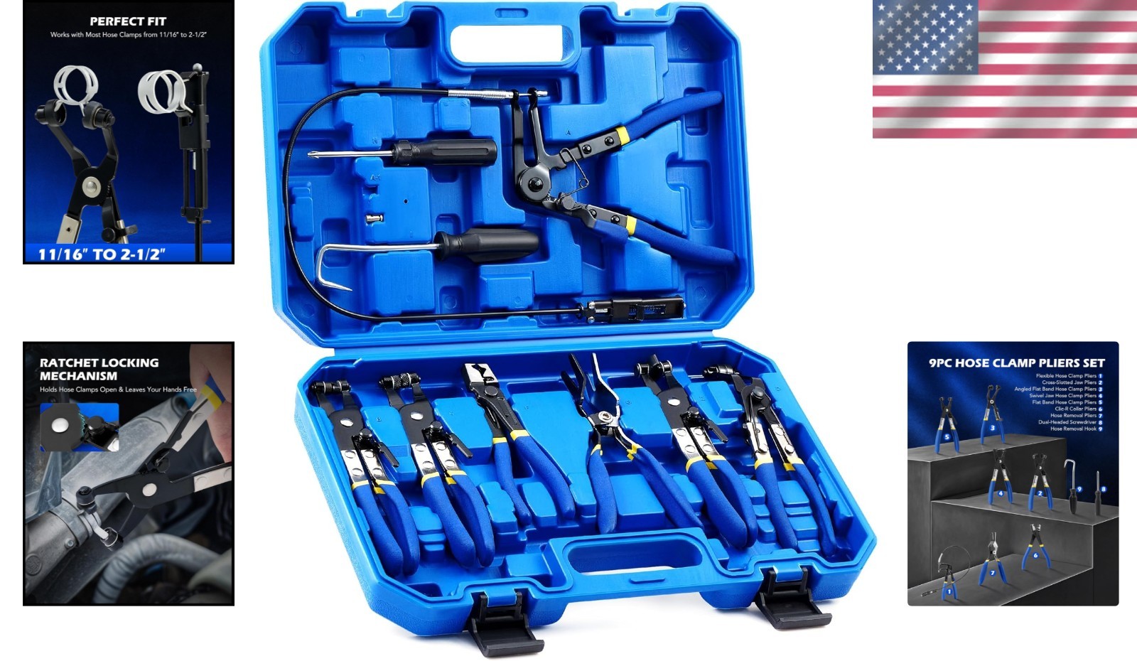 Pro 9pc Hose Clamp Pliers Kit – Flexible, Clic R, Swivel Jaw – Durable Auto R…