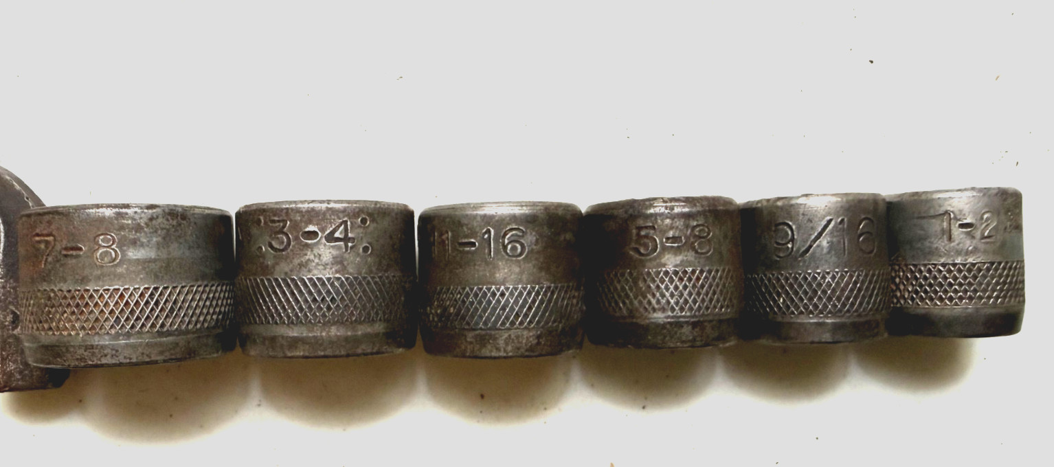 Vintage Indestro 6 Socket Set, w Breaker Bar & Holder, Early 1930″s, Good Cond