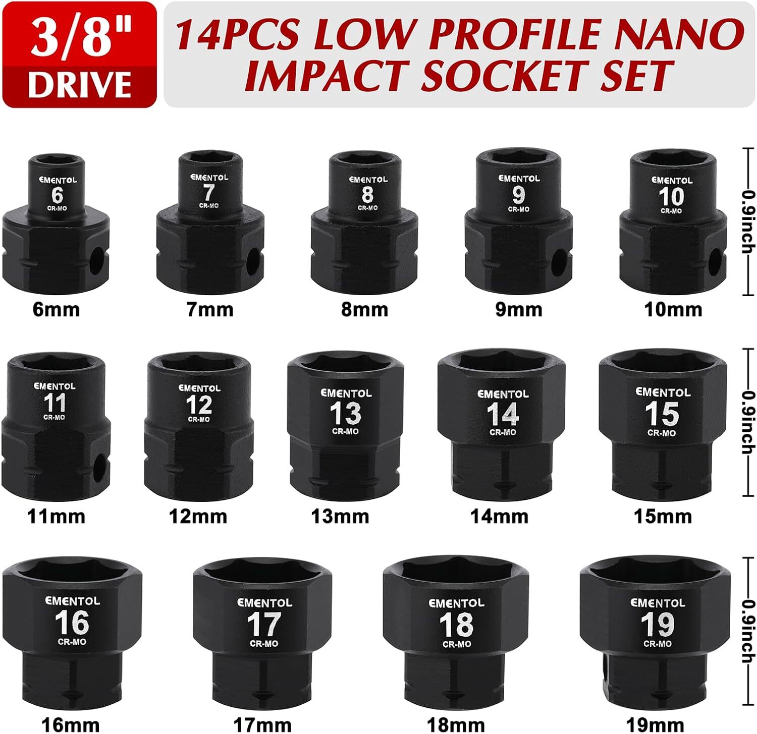 14PCS 3/8″ Drive Low Profile Nano Impact Socket Set Metric, 6mm-19mm, CR-MO