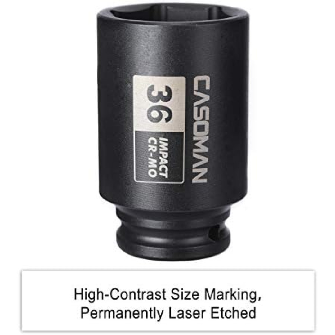 1/2″ Drive X 36 Mm Deep 6 PT Impact Socket, CR-MO, Drive 6 Point Axle Nut Socket