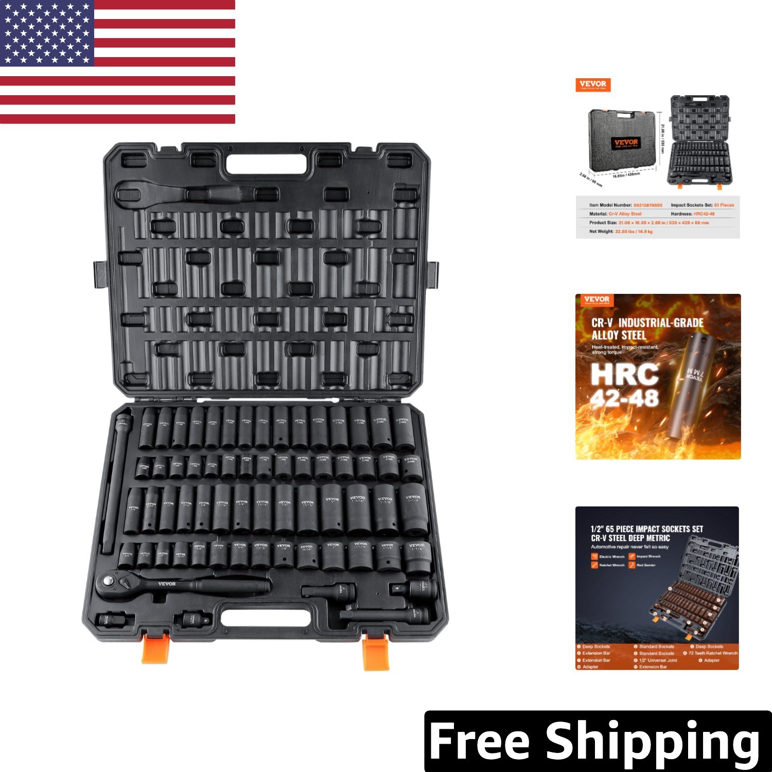 Professional 65-Piece Impact Socket Set – Chrome Vanadium Steel for Auto Repair