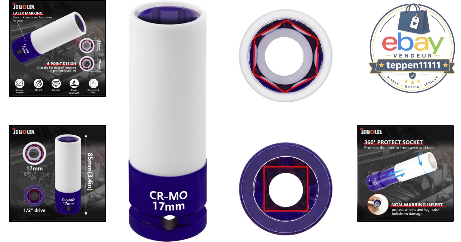 17mm Impact Socket, 1/2″ Drive Wheel Protector, Thin Wall Deep Socket