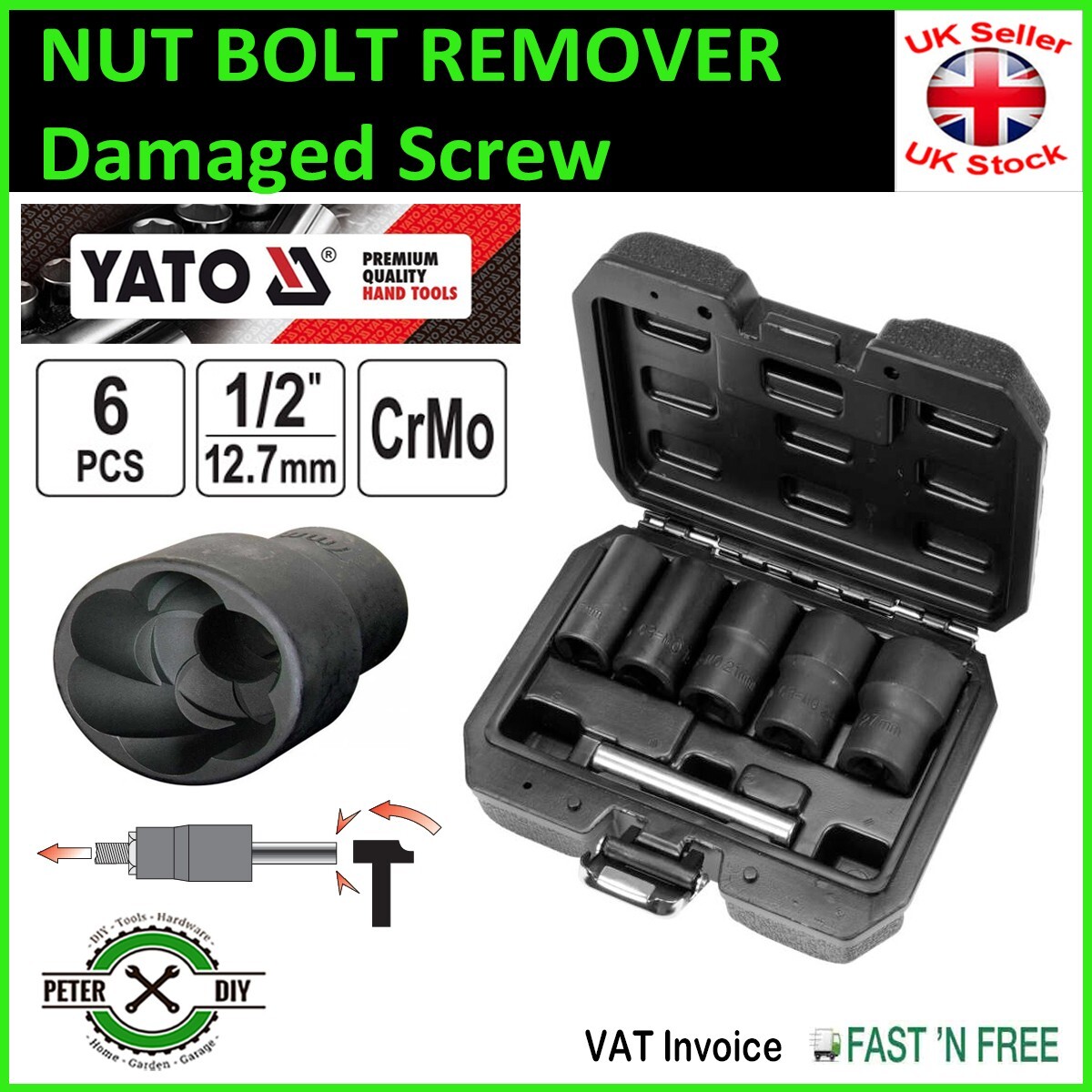 6 PCS NUT BOLT REMOVER Damaged Screw Broken Bolt Extractor Locking Socket YATO