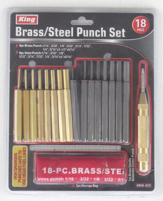 New King 18 pc Brass/Steel Punch Set with Automatic Pin Center & Storage Pouch