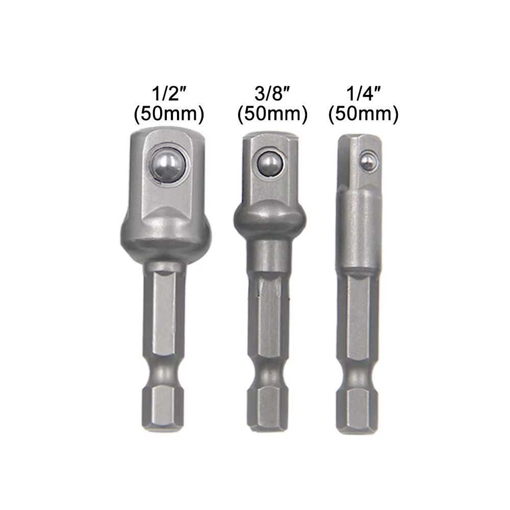 3PC 50mm HEX SHANK DRILL BIT TO 1/4 1/2 3/8 INCH SQUARE DRIVE SOCKET ADAPTOR SET