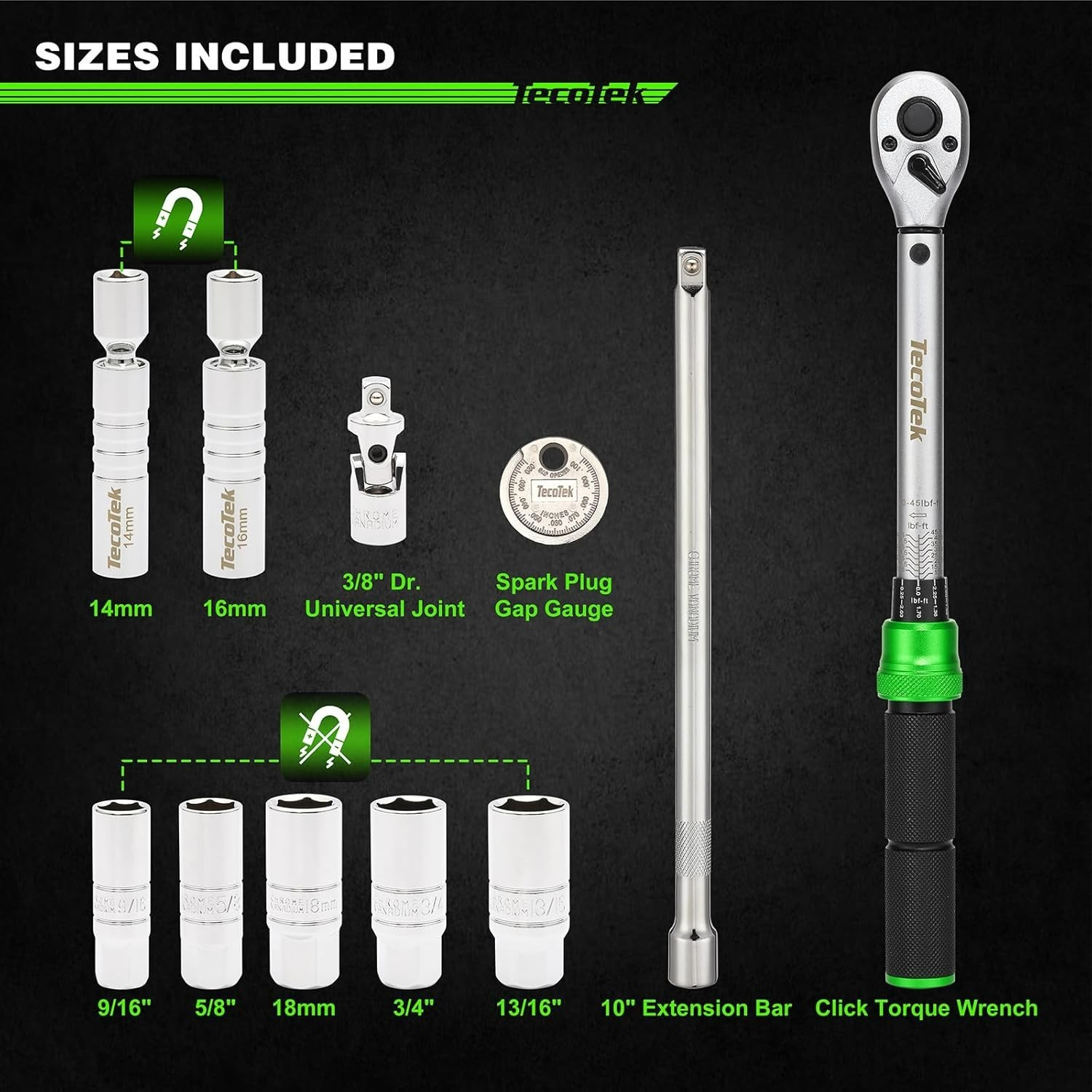 11-Piece 3/8″ Drive Spark Plug Socket Set with Click Torque Wrench Included