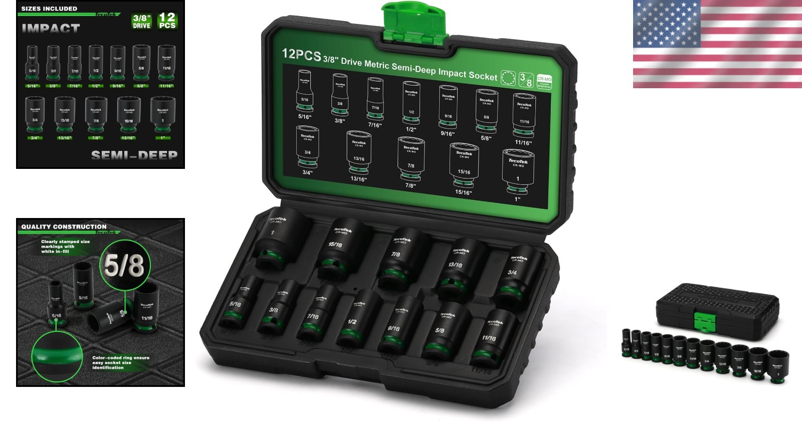 3/8 inch Drive 12-Piece Semi-Deep Impact Socket Set SAE 5/16 to 1 inch Chrome…