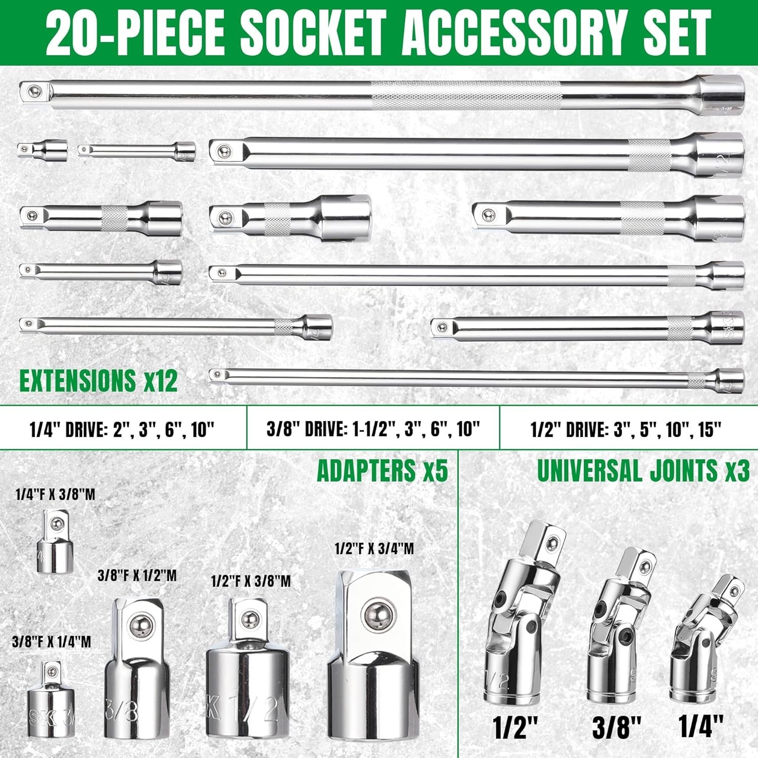 20 Piece Socket Extension Set, 1/4″, 3/8″ and 1/2″ Drive Extension Bar, Swive…