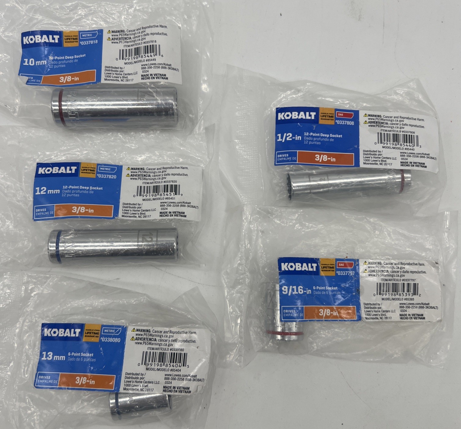 New Kobalt 3/8in Driver 6/12 Point Reg Deep Sockets Various Sizes Select FreeS&H