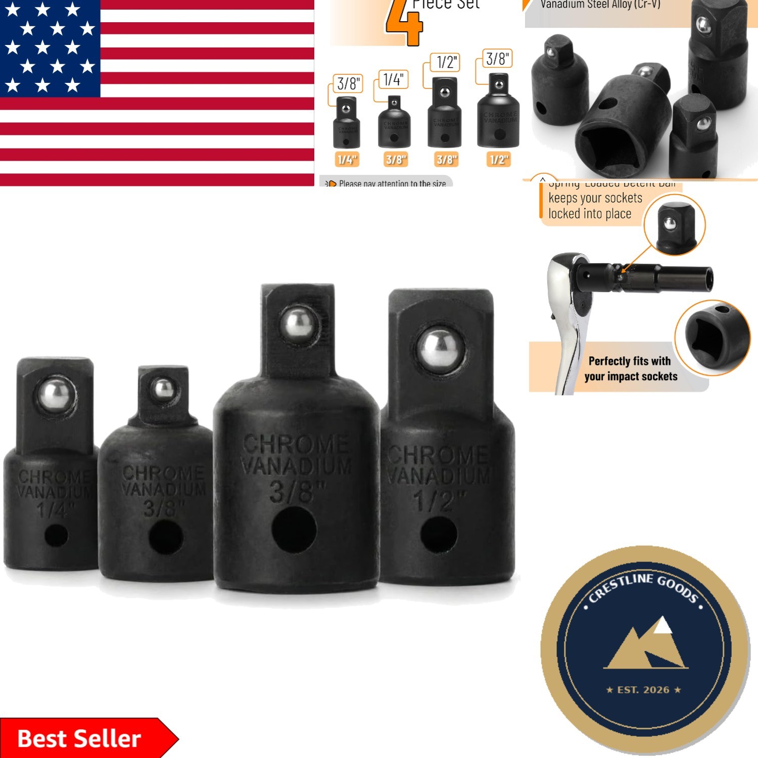 Durable 4-Pc Impact Socket Adapter & Reducer Set – Secure & Reliable Performance