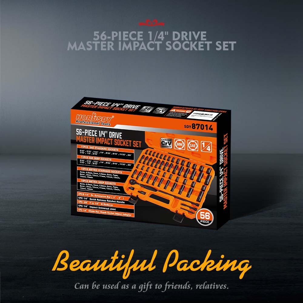 56Pcs 1/4″ Drive Impact Deep Socket Set Extension Bar Universal Joint SAE Metric