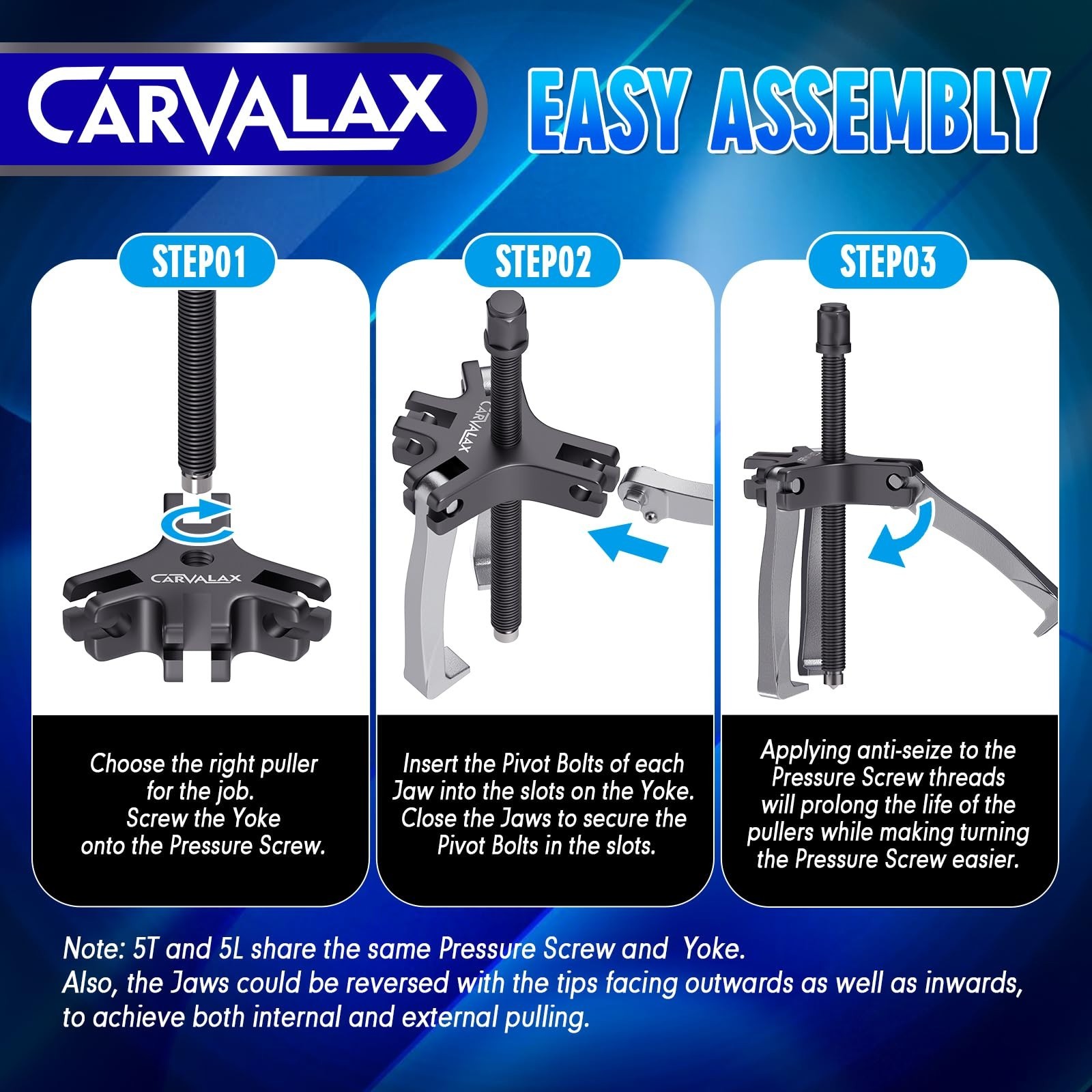 Heavy Duty Gear Puller Set – 2T, 5T & Wide-Spread – Reversible Jaw Bearing Tool