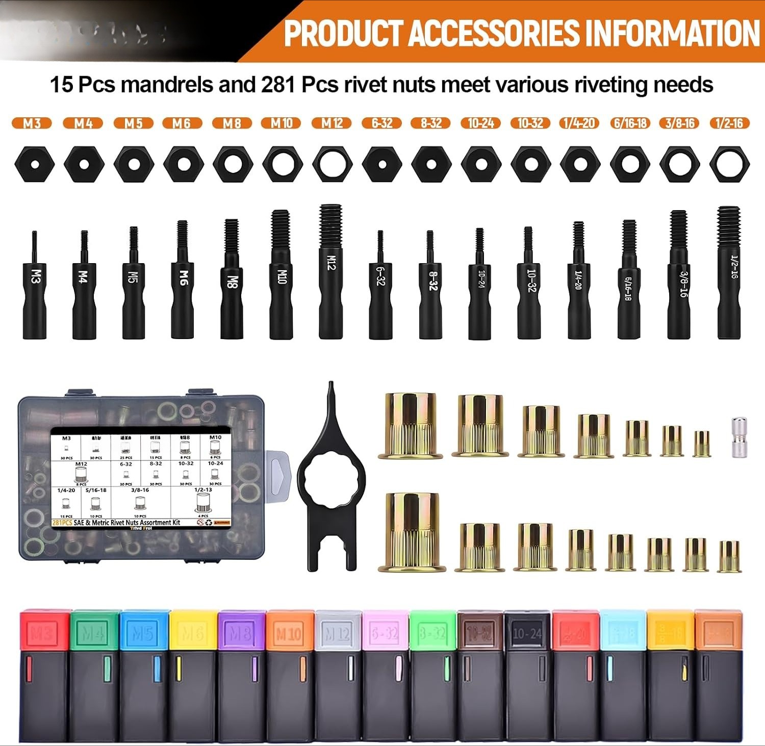 16-inch Rivet Nut Tool Set, 15 Metric and Imperial Mandrels