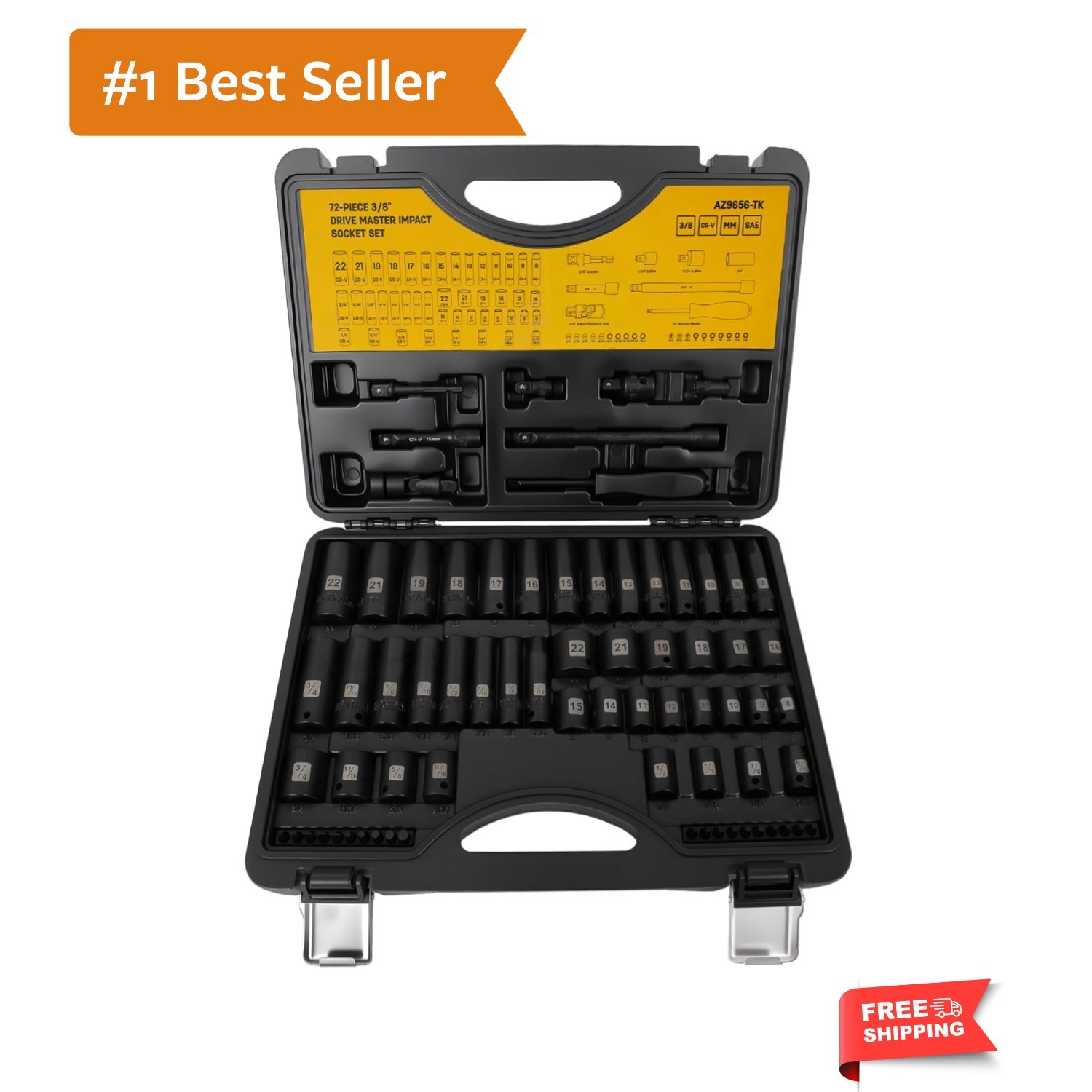 72 PCS 3/8″ Impact Socket Bit Set 6 Point, CRV SAE and Metric Sizes 5/16 to 3…