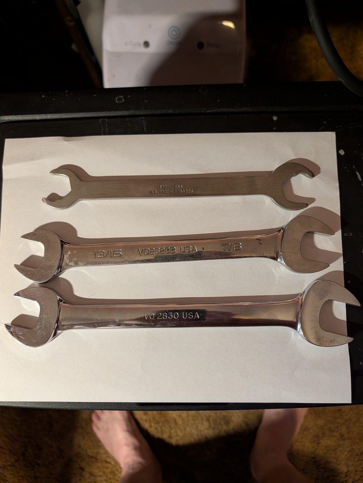 3- open end wrenches 2 snap on 7/8×15/16-13/16×7/8 & lockjaw 3/4×13/16