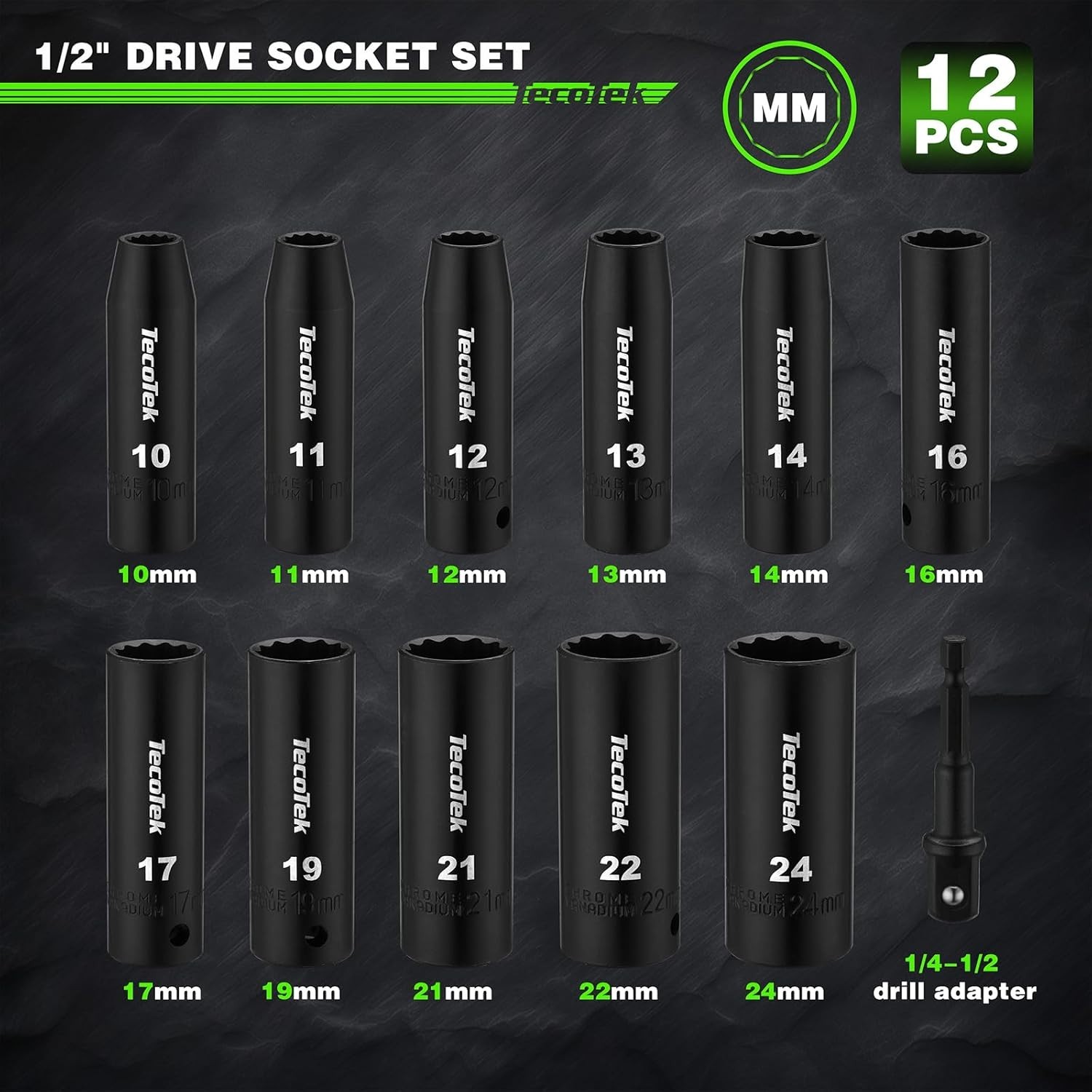 12 Pieces 1/2-Inch Drive Deep 12-Point Metric Impact Socket 10mm-24mm(Deep)