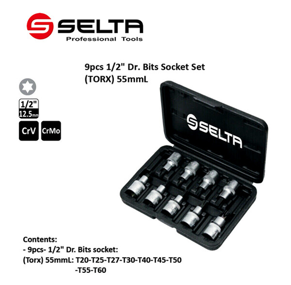 Selta Taiwan 9pc 1/2” Dr Cr-Mo 55mmL Stubby Torx Star Socket Bits:Set T20-T60